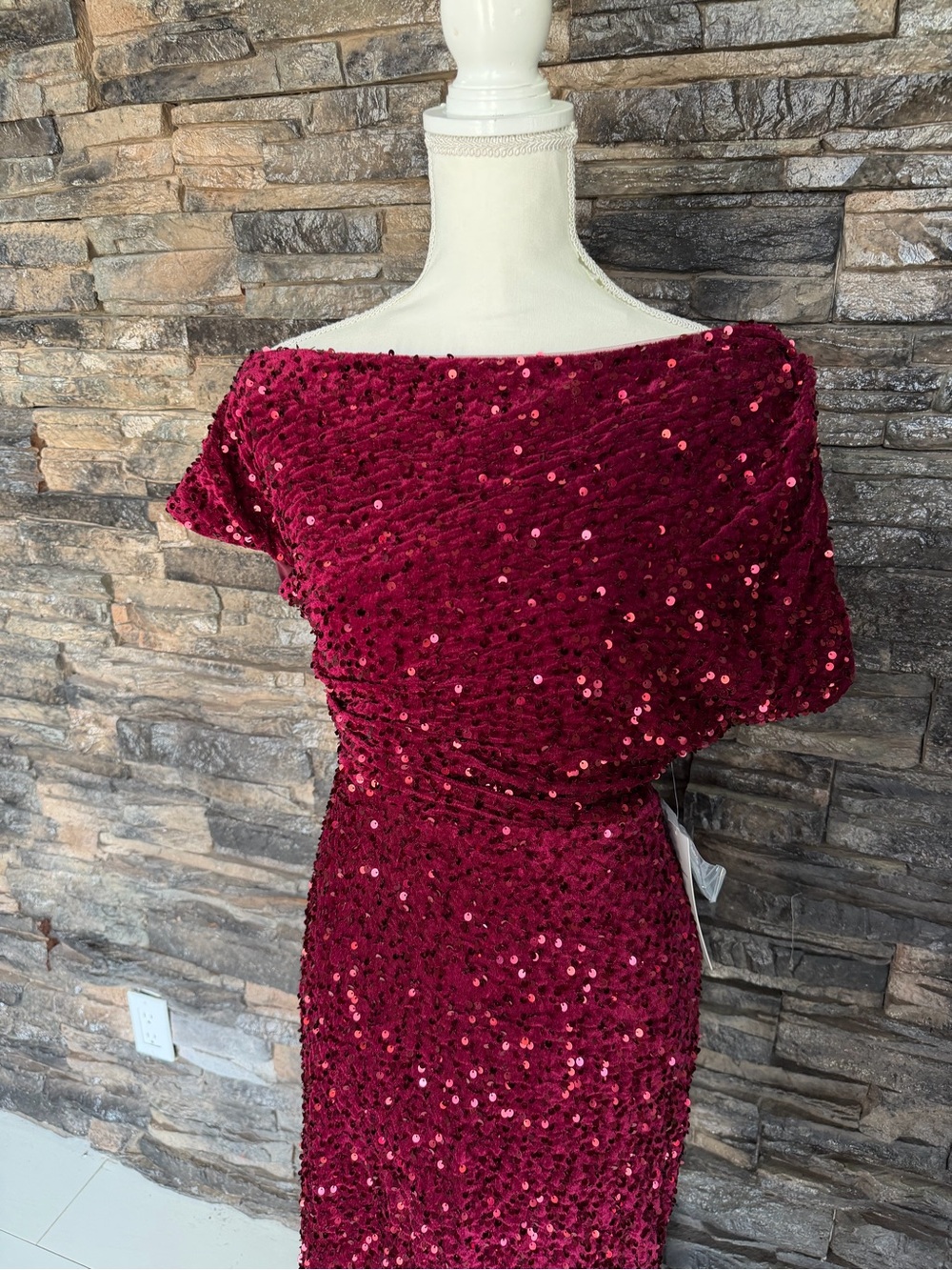Elegant Sequin Off-Shoulder Evening Gown - Burgundy - Picture 2 of 11